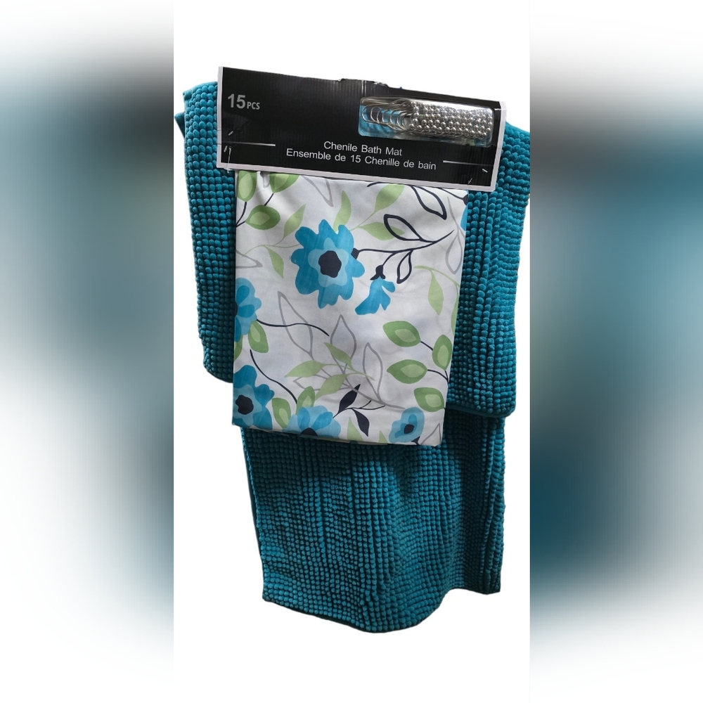 Chenille 15 pieces bath mat set with shower curtain